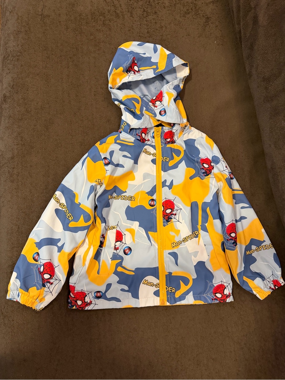 Kids Yellow & Blue Spider Print Hooded Jacket